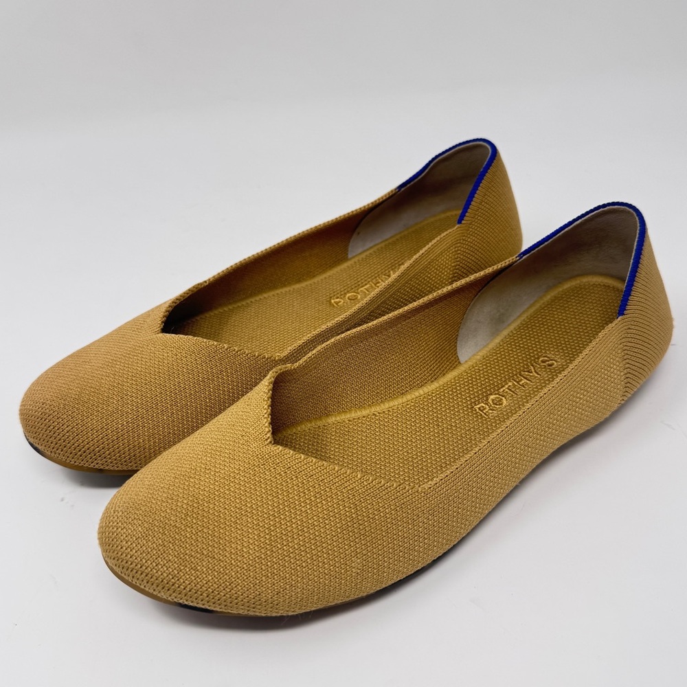 Rothy's Knit Flats in Mustard with Blue Heel Trim